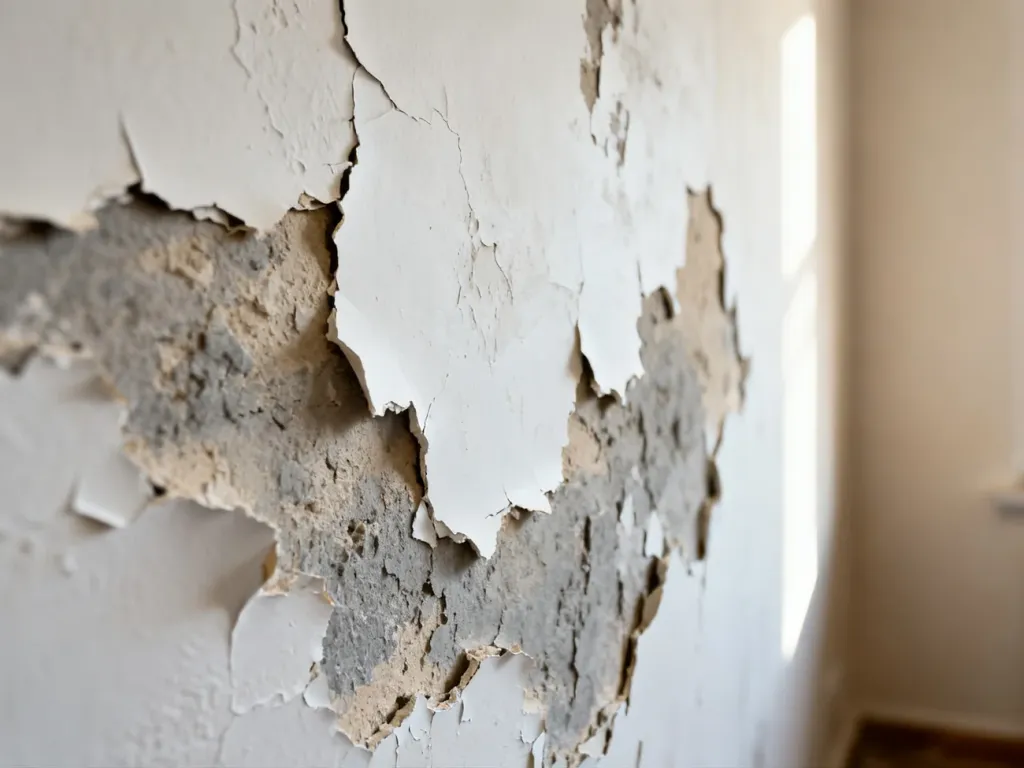 Zbliżenie na uszkodzoną ścianę z łuszczącą się białą farbą, ukazujące nierówną strukturę tynku pod spodem.