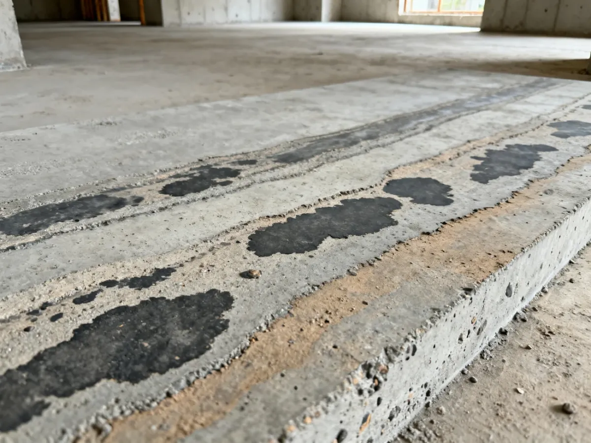 Nieregularne ciemne plamy ujawniające niejednorodność betonu