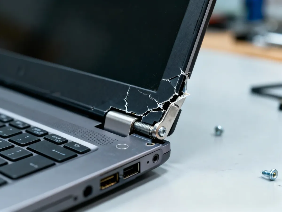 Wyrwany zawias laptopa z pękniętego plastikowego mocowania
