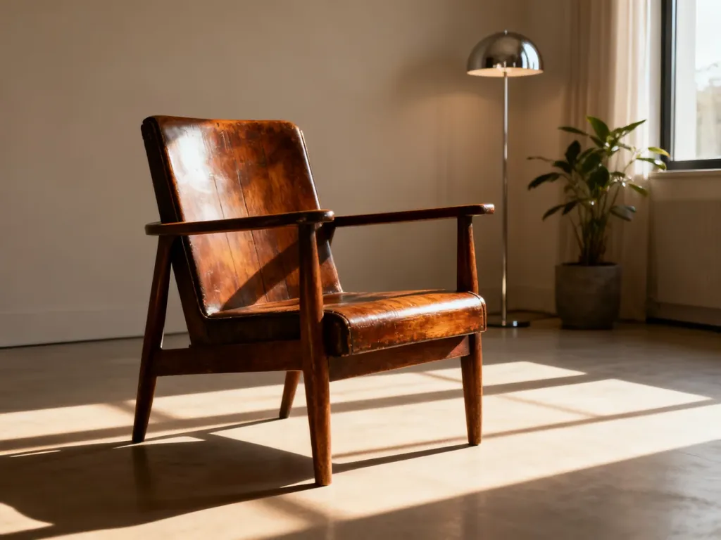 Odnowiony drewniany fotel w stylu vintage w nowoczesnym salonie, ukazujący harmonijne połączenie klasyki z minimalizmem.