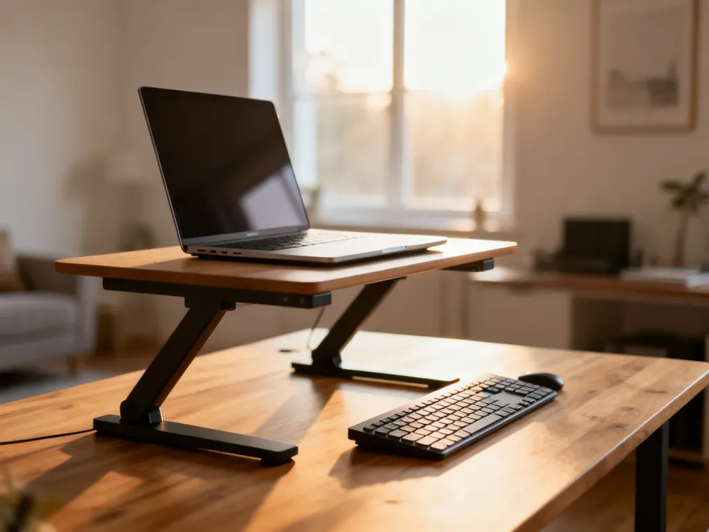 Nowoczesne biurko z regulacją wysokości w jasnym domowym biurze, przygotowane do ergonomicznej pracy na stojąco.